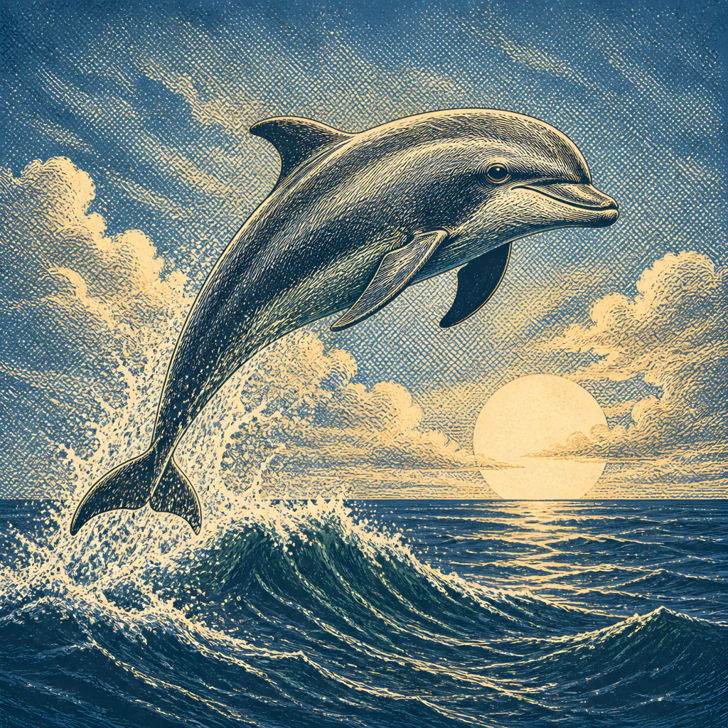 Engraved portrait of a dolphin