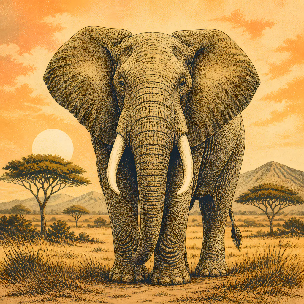 Engraved portrait of an elephant