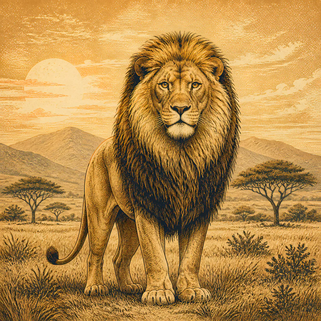 Engraved portrait of a lion