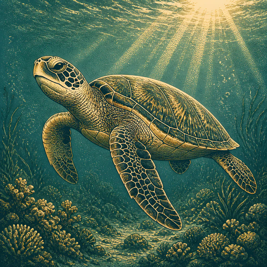 Engraved portrait of a sea turtle