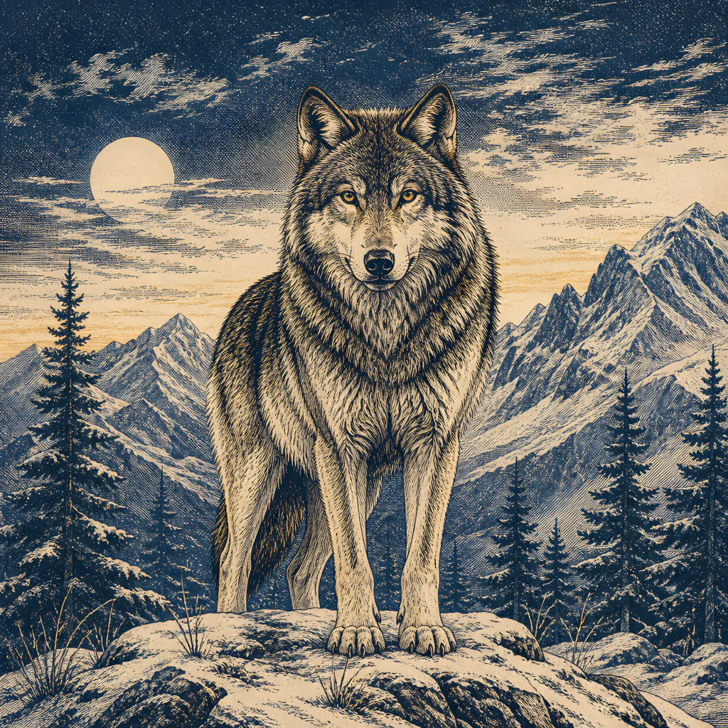 Engraved portrait of a wolf