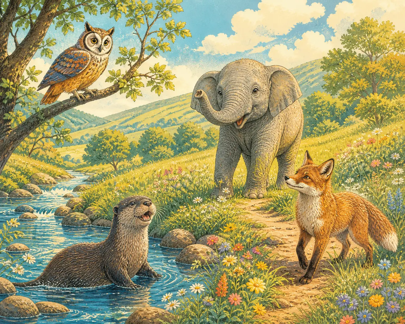 A bright engraved meadow with a fox, otter, elephant, and owl beside a stream.