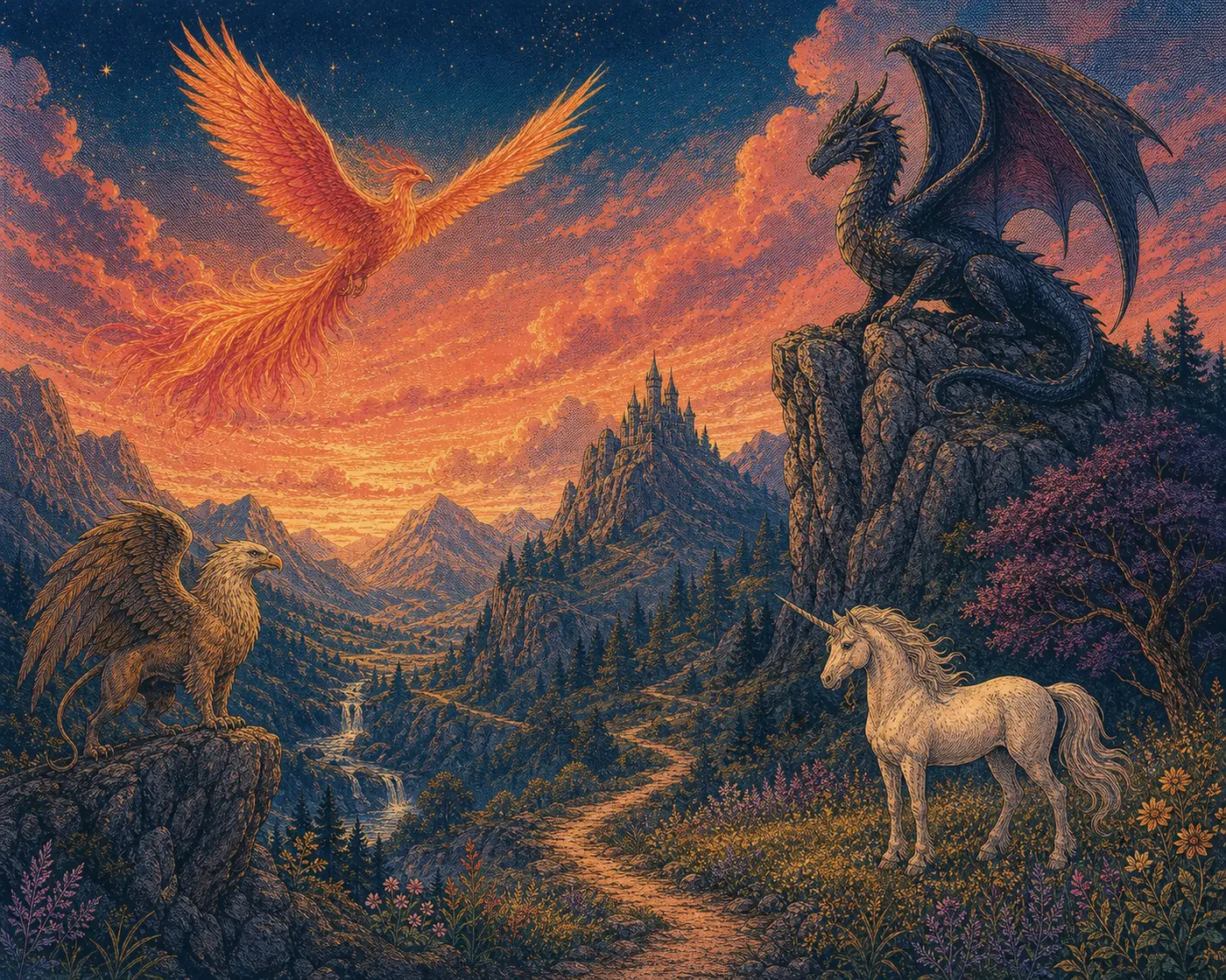 An engraved enchanted valley with a phoenix, dragon, griffin, and unicorn at sunset.