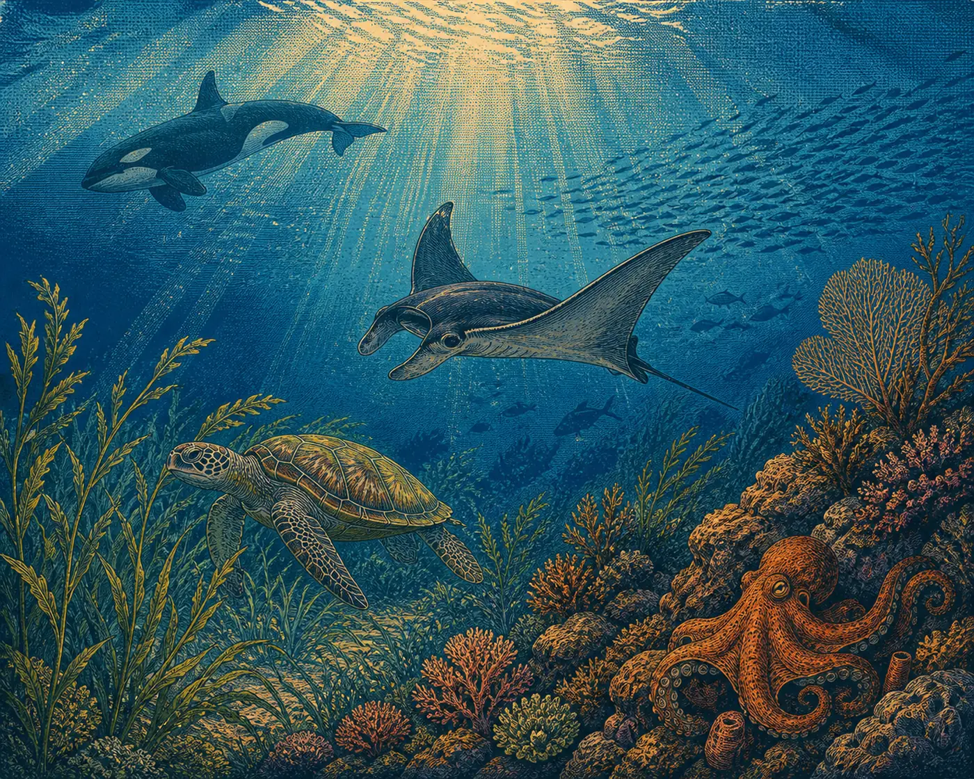 An engraved underwater reef with an orca, manta ray, sea turtle, and octopus.