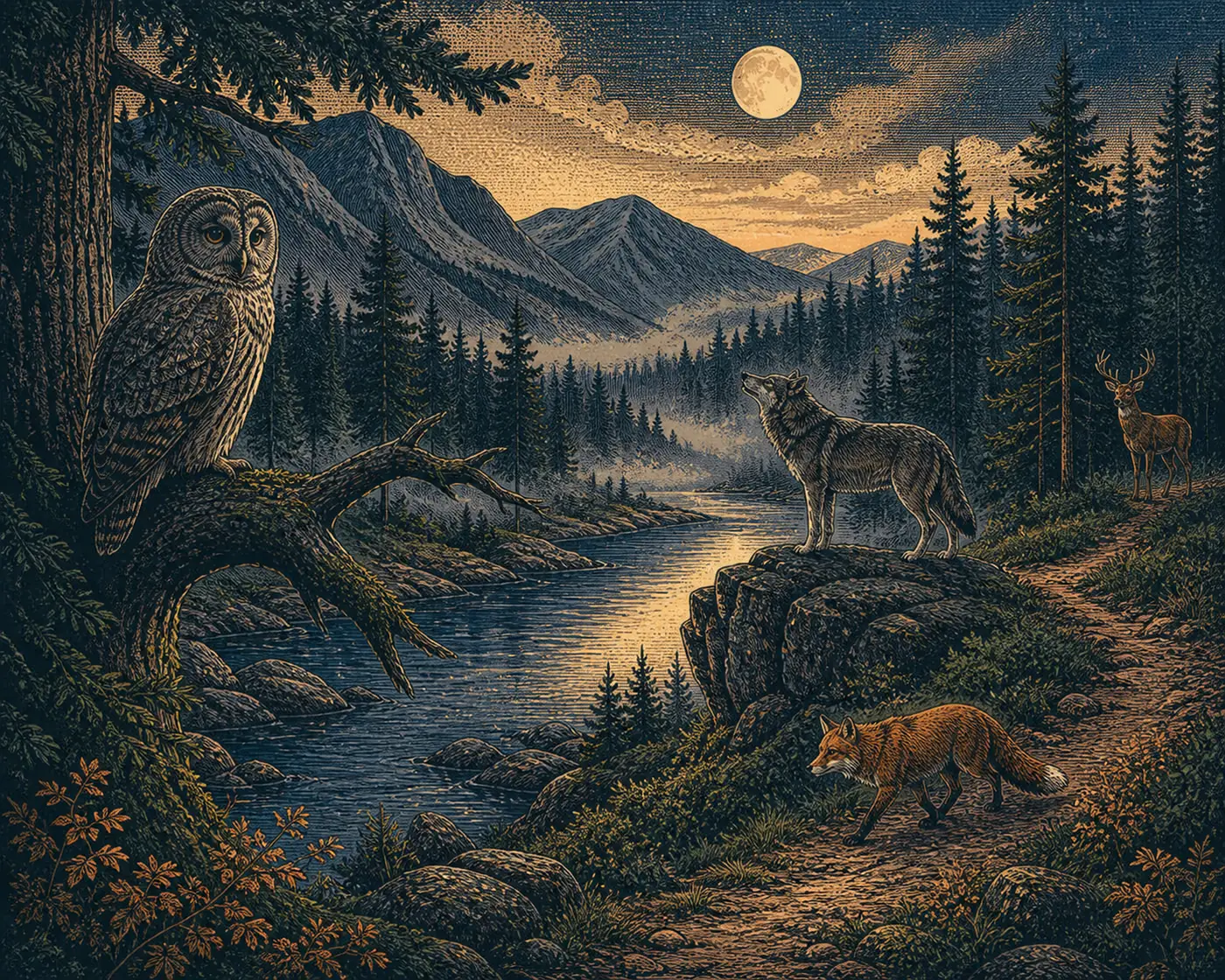 A moonlit engraved wilderness with an owl, wolf, deer, and fox around a mountain river.