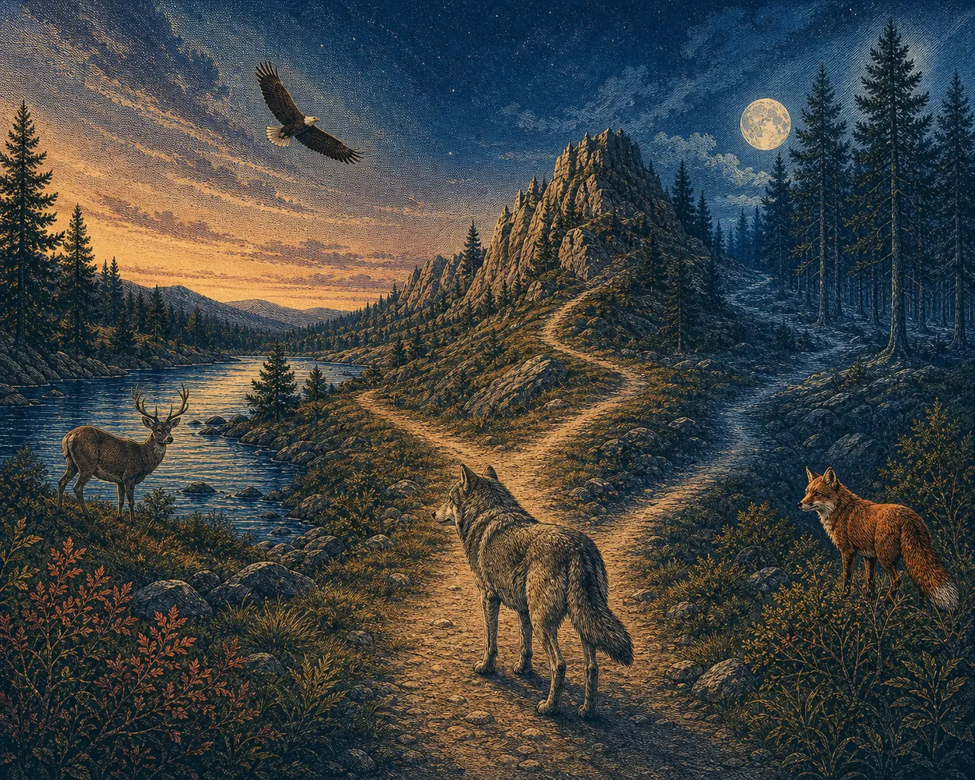 An engraved wilderness crossroads with a wolf, fox, deer, and eagle between river, mountain, and forest.