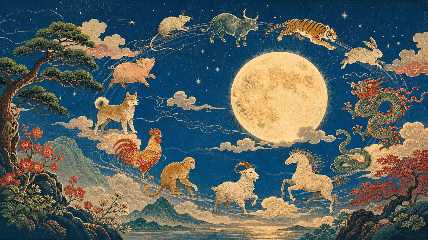 Twelve Chinese zodiac animals arranged around a luminous moon in an engraved night landscape.